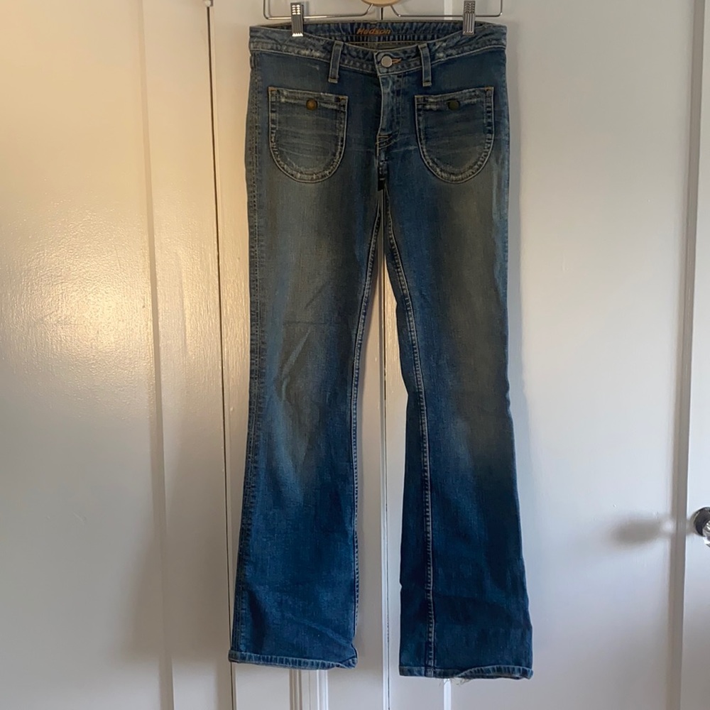 👖 Vintage Hudson Jeans Distressed Flare Medium-Blue Sz 30 Low Rise Zip Fly